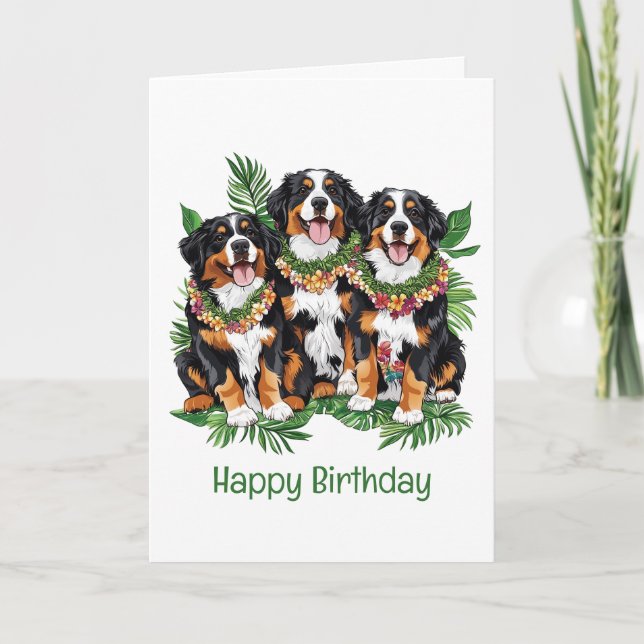 Happy Birthday Hawaiian Bernese Mountain Dogs Card (Front)