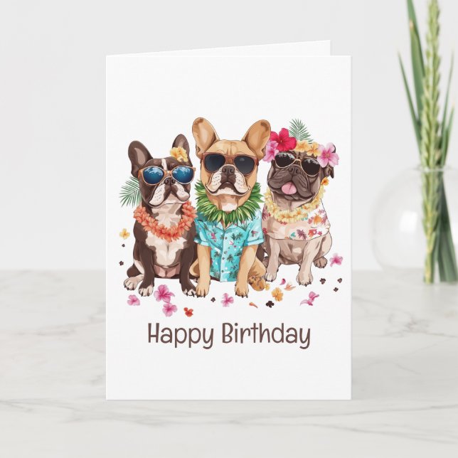Happy Birthday Hawaiian French Bulldogs Flower Lei Card (Front)
