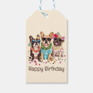 Happy Birthday Hawaiian French Bulldogs Flower Lei Gift Tags