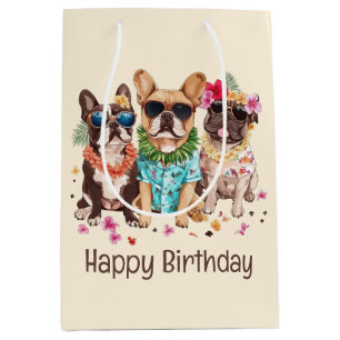 Happy Birthday Hawaiian French Bulldogs Flower Lei Medium Gift Bag