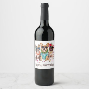 Happy Birthday Hawaiian French Bulldogs Flower Lei Wine Label