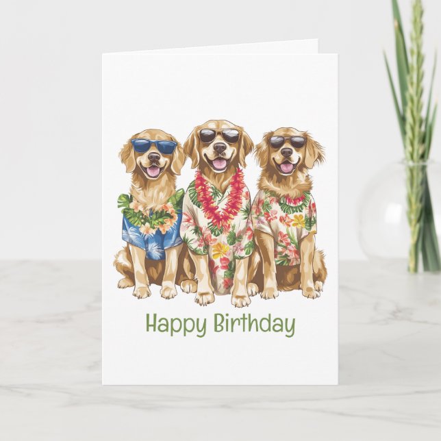 Happy Birthday Hawaiian Golden Retriever Dogs Card (Front)