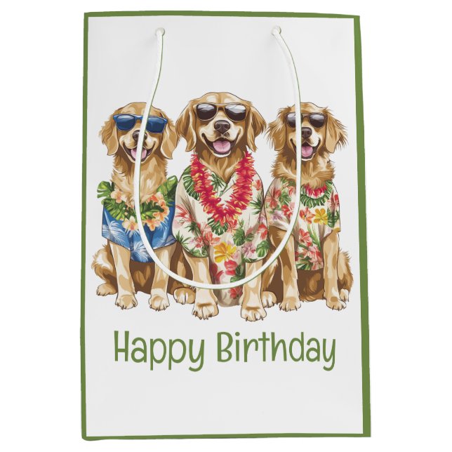 Happy Birthday Hawaiian Golden Retriever Dogs Medium Gift Bag (Front)