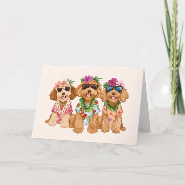 Happy Birthday Hawaiian Goldendoodle Dogs Card (Front)