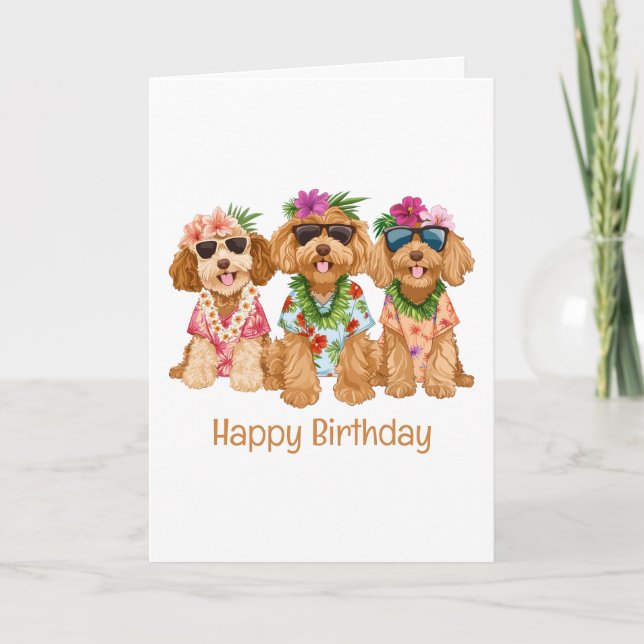 Happy Birthday Hawaiian Goldendoodle Dogs Card (Front)