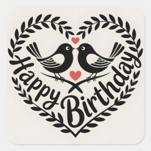 Happy Birthday Heart with Love Birds Graphic Square Sticker