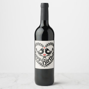 Happy Birthday Heart with Love Birds Graphic Wine Label