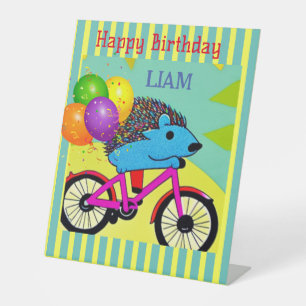 Happy Birthday Hedgehog Riding Bicycle Balloons Pedestal Sign