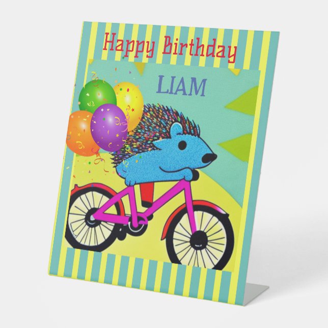 Happy Birthday Hedgehog Riding Bicycle Balloons    Pedestal Sign