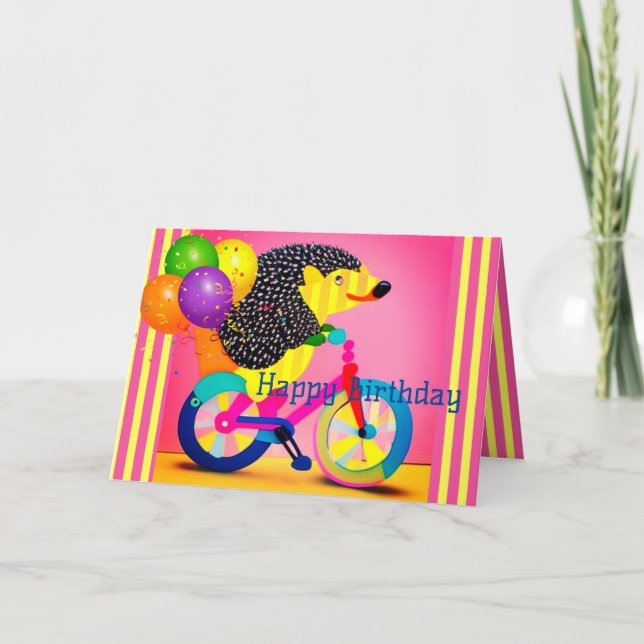 Happy Birthday Hedgehog Riding Bicycle Balloons   Thank You Card (Front)