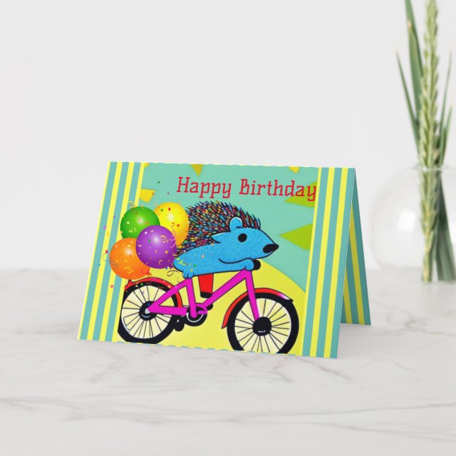 Happy Birthday Hedgehog Riding Bicycle Balloons   Thank You Card (Front)