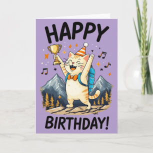 Happy Birthday Hiker Cat with Trophy & Peaks Card