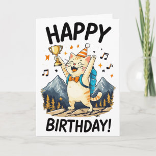 Happy Birthday Hiker Cat with Trophy & Peaks Card