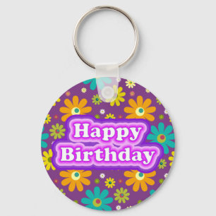 Happy Birthday Hippie Flowers Key Ring