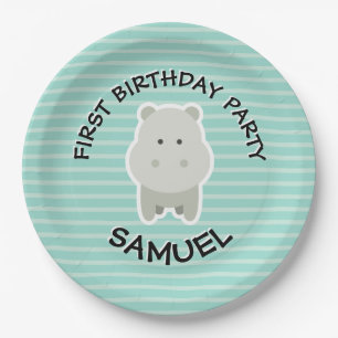 Happy Birthday Hippo Party Animals Paper Plate