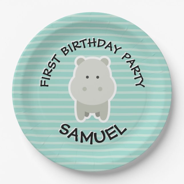 Happy Birthday Hippo Party Animals Paper Plate (Front)