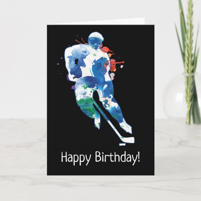 Happy Birthday Hockey Player Watercolor Card (Front)