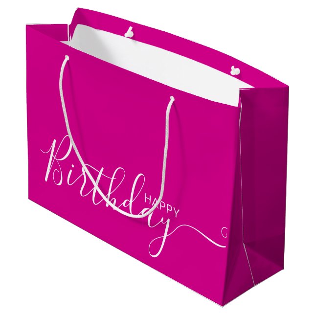 Happy Birthday Hot Pink White Elegant  Large Gift Bag (Back Angled)