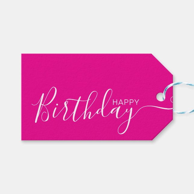 Happy Birthday Hot Pink White Modern Gift Tags (Front (Horizontal))