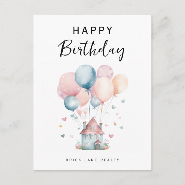 Happy Birthday House Balloons Realty Postcard (Front)