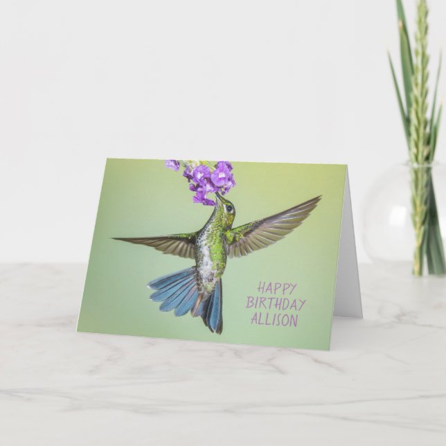 Happy Birthday Hummingbird Flying Name Card (Front)
