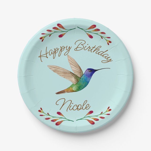 Happy Birthday Hummingbird Paper Plate (Front)
