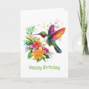 Happy Birthday Hummingbird Tropical Flowers Card
