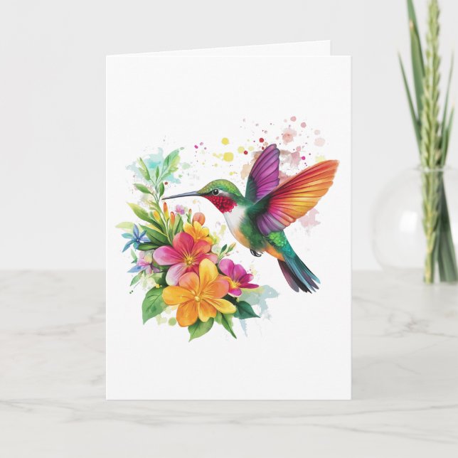 Happy Birthday Hummingbird Tropical Flowers Card (Front)