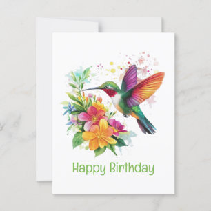 Happy Birthday Hummingbird Tropical Flowers Postcard