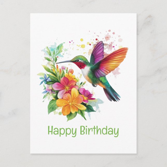 Happy Birthday Hummingbird Tropical Flowers Postcard (Front)