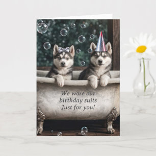 Happy Birthday Humourous Huskies in a Bath Tub Card
