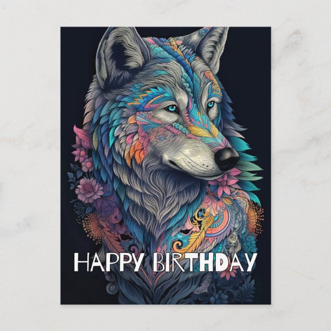 Happy Birthday Hunter Wolf Illustration Postcard (Front)