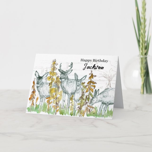 Happy Birthday Hunting Grazing Deer Wildlife Card (Front)