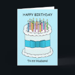 Happy Birthday Husband Cake and Candles Card<br><div class="desc">A cartoon of a large white birthday cake with a blue bow around it and many lit candles on top of it. The words 'Happy Birthday to my husband' accompany the image.</div>