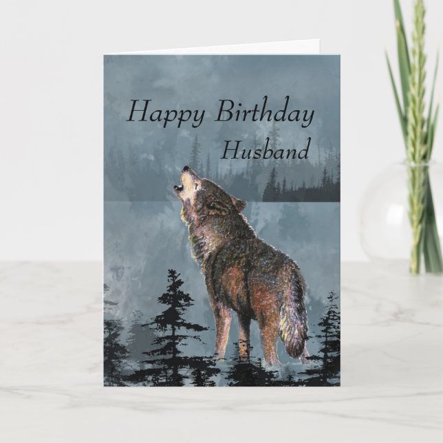 Happy Birthday Husband Howling Wolf Moon Quote Card (Front)