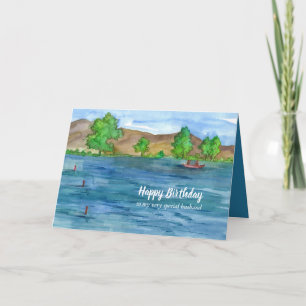 Happy Birthday Husband Mountain Lake Fishing Card