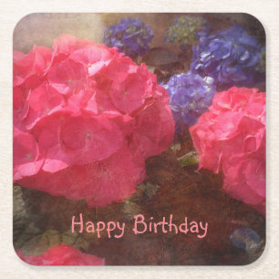 Happy Birthday Hydrangea Square Paper Coaster