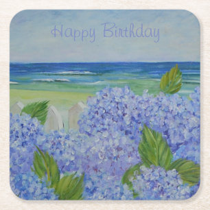 Happy Birthday Hydrangeas By The Sea Square Paper Coaster
