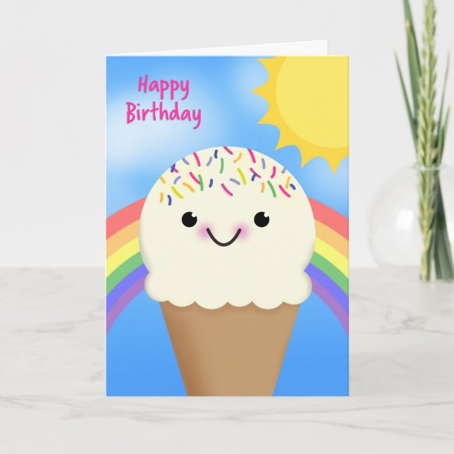 Happy Birthday Ice Cream Cone With Rainbow and Sun Holiday Card (Front)