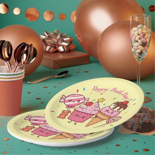 Happy Birthday Ice Cream & Sweets – Fun Cartoon De Paper Plate (Multi)