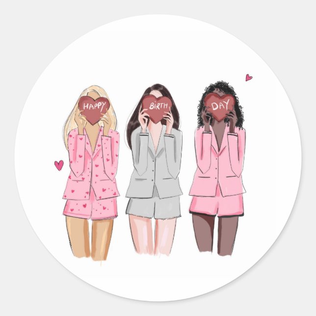 Happy birthday illustration pink girls  classic round sticker (Front)