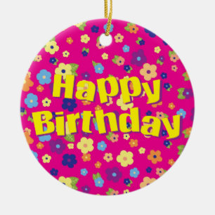 Happy Birthday in Flowers Ceramic Tree Decoration