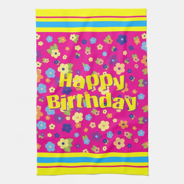 Happy Birthday in Flowers Tea Towel (Vertical)