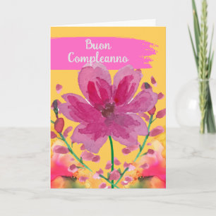 Happy Birthday in Italian Watercolor Flowers Card