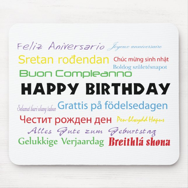 Happy Birthday in Many Languages Colourful Mouse Mat (Front)