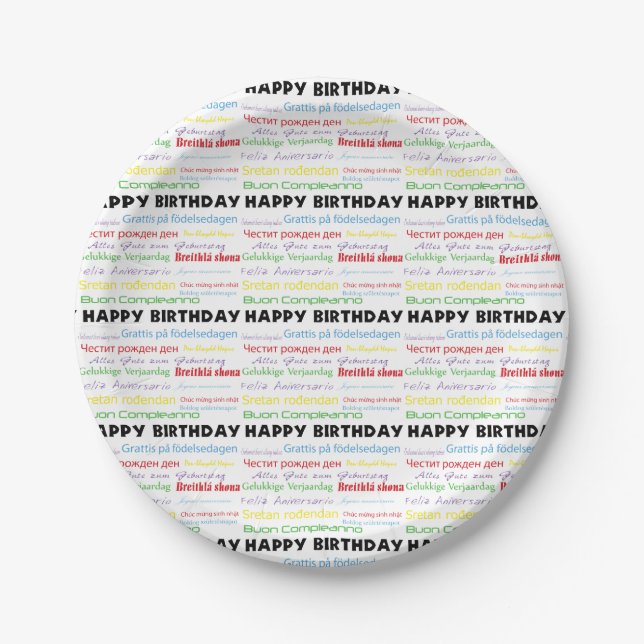 Happy Birthday in Many Languages Paper Plate (Front)