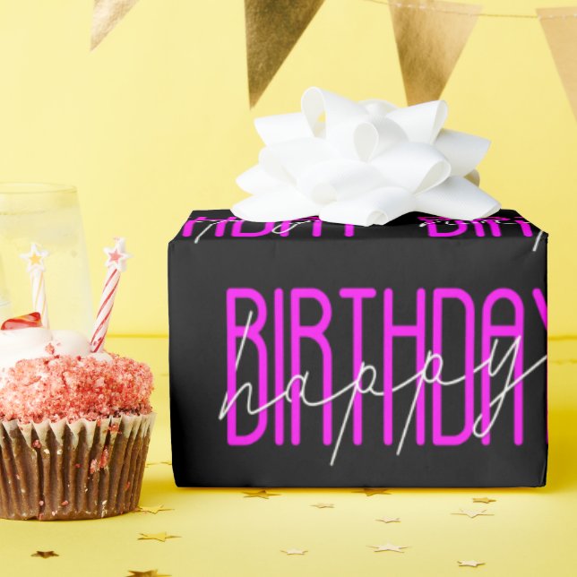 Happy Birthday In Neon Pink  Wrapping Paper (Birthday Party)