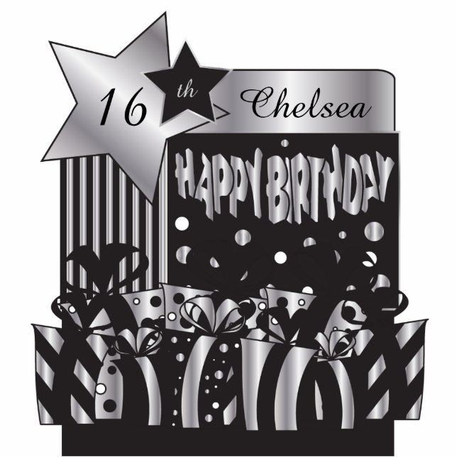 Happy Birthday in Silver & Black | DIY Name & Age Standing Photo Sculpture (Front)