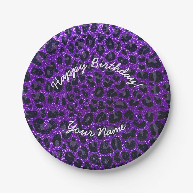 Happy Birthday indigo purple glitter leopard Paper Plate (Front)