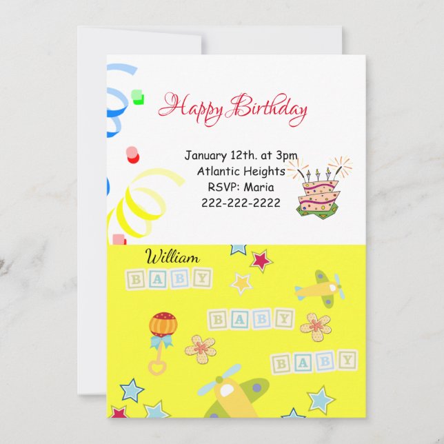 Happy Birthday Invitation Aeroplane Yellow Baby (Front)